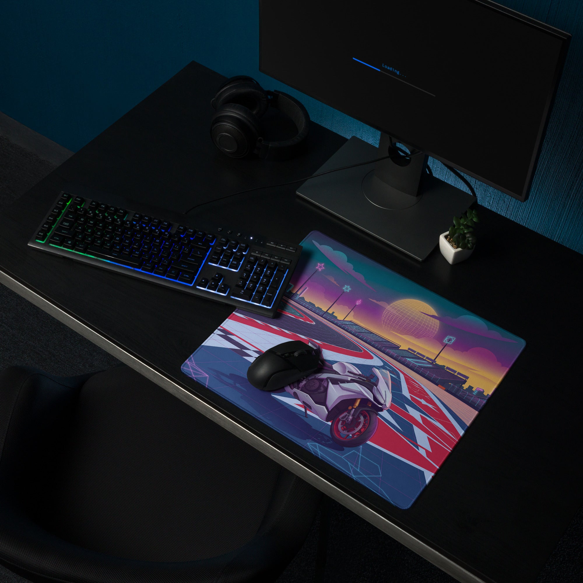 Aprilia RSV4 Factory Inspired White Red Vaporwave Gaming Mouse Pad – Neon Union Jack Racetrack Desk Mat, Retro Futuristic Superbike Digital Art