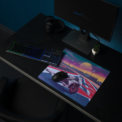 Aprilia RSV4 Factory Inspired White Red Vaporwave Gaming Mouse Pad – Neon Union Jack Racetrack Desk Mat, Retro Futuristic Superbike Digital Art