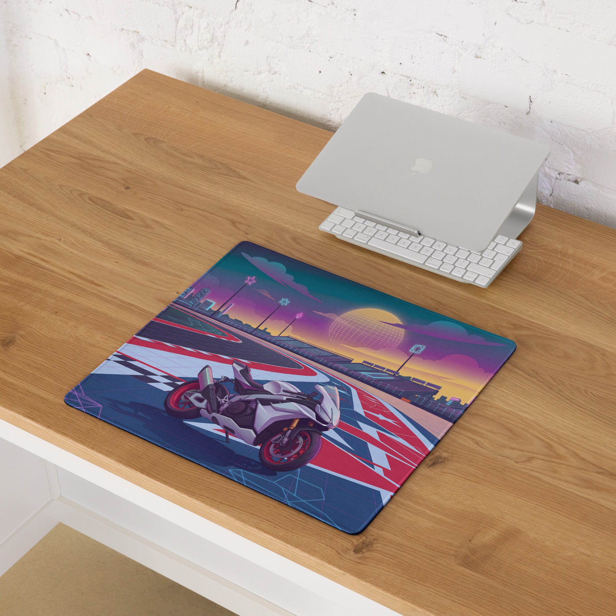 Aprilia RSV4 Factory Inspired White Red Vaporwave Gaming Mouse Pad – Neon Union Jack Racetrack Desk Mat, Retro Futuristic Superbike Digital Art