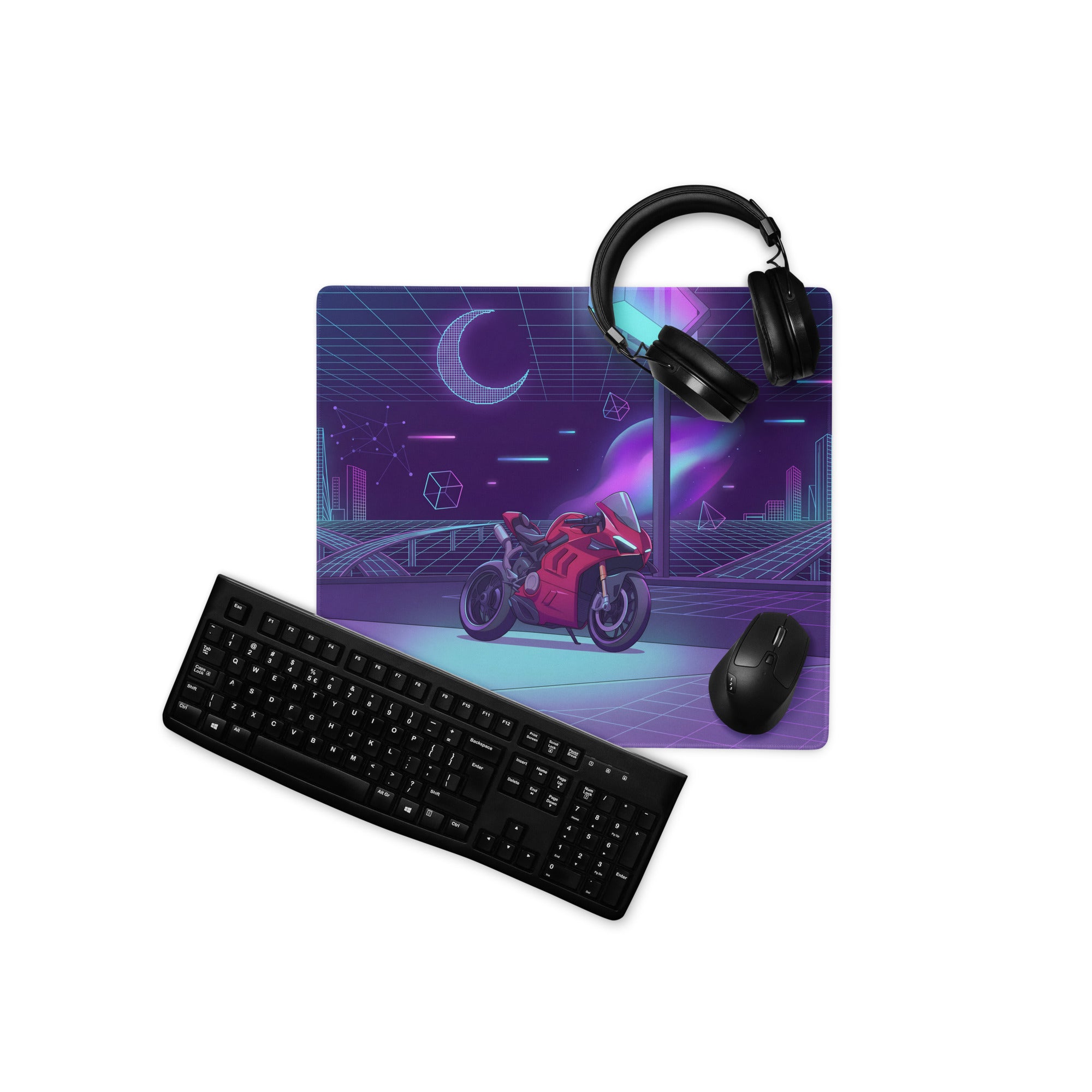 Ducati Panigale V4 Inspired Red Purple Vaporwave Gaming Mouse Pad – Neon Cyber City Desk Mat, Retro Futuristic Superbike Digital Art