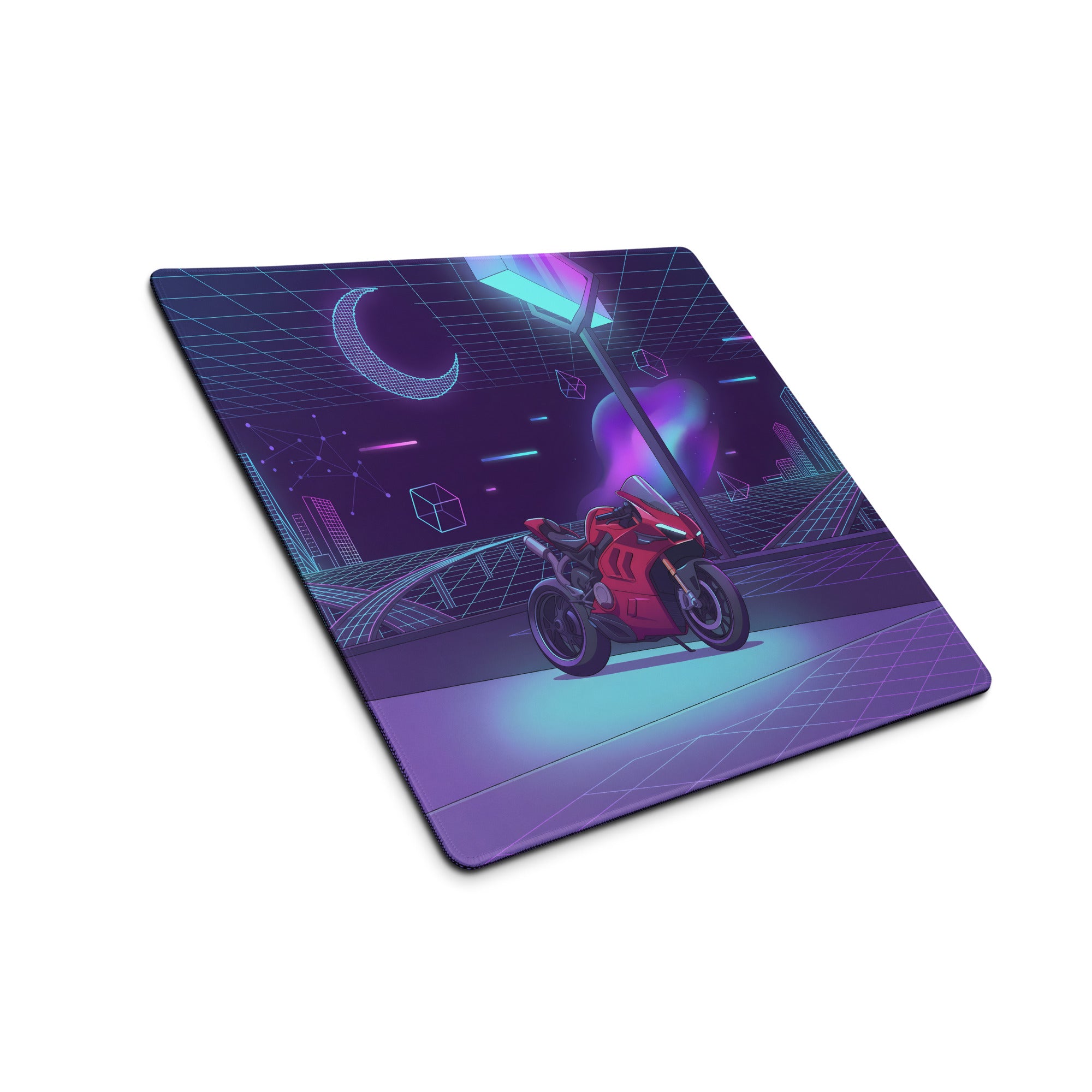 Ducati Panigale V4 Inspired Red Purple Vaporwave Gaming Mouse Pad – Neon Cyber City Desk Mat, Retro Futuristic Superbike Digital Art