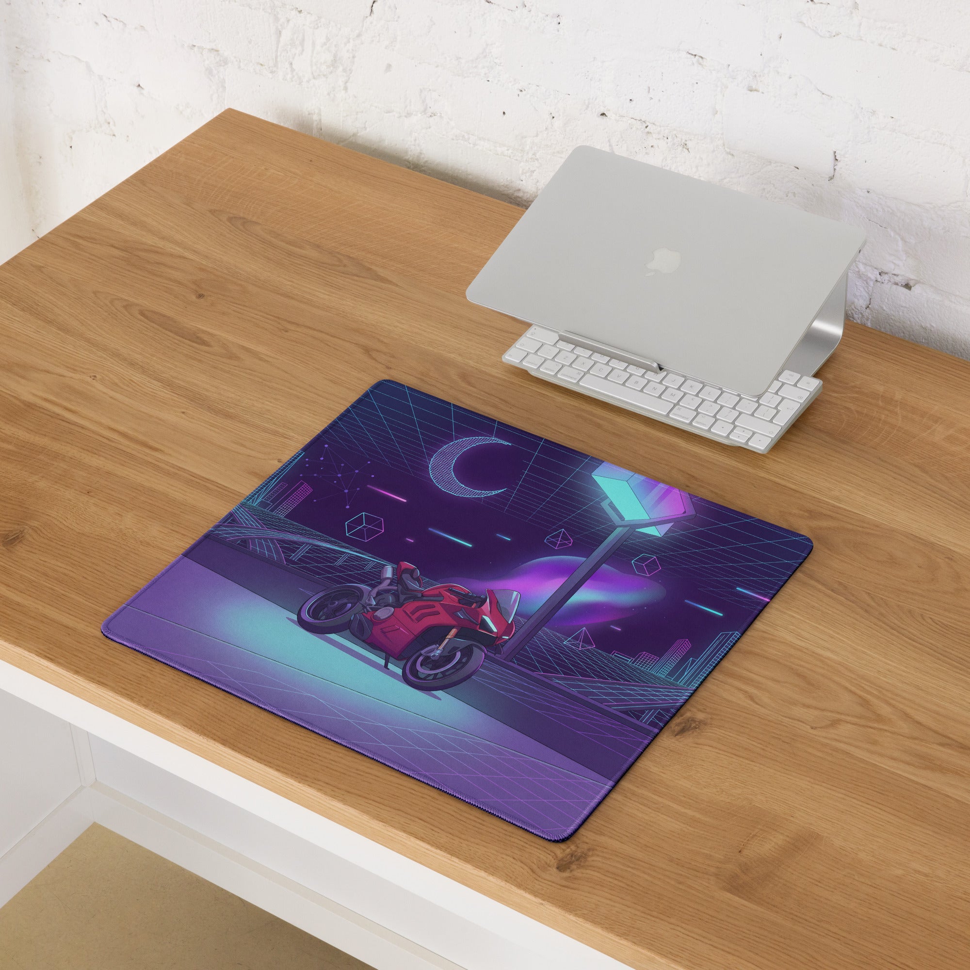 Ducati Panigale V4 Inspired Red Purple Vaporwave Gaming Mouse Pad – Neon Cyber City Desk Mat, Retro Futuristic Superbike Digital Art