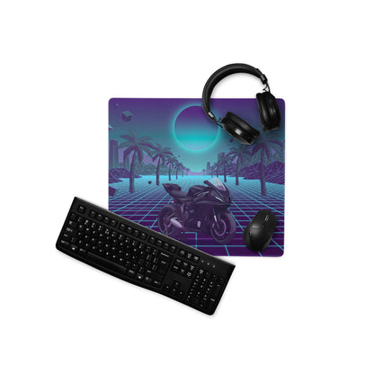 Yamaha R7 Inspired Black Cyan Vaporwave Gaming Mouse Pad – Neon Grid Palm City Desk Mat, Retro Futuristic Sport Bike Digital Art