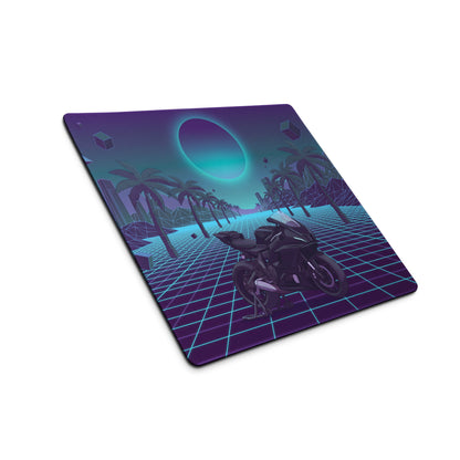 Yamaha R7 Inspired Black Cyan Vaporwave Gaming Mouse Pad – Neon Grid Palm City Desk Mat, Retro Futuristic Sport Bike Digital Art
