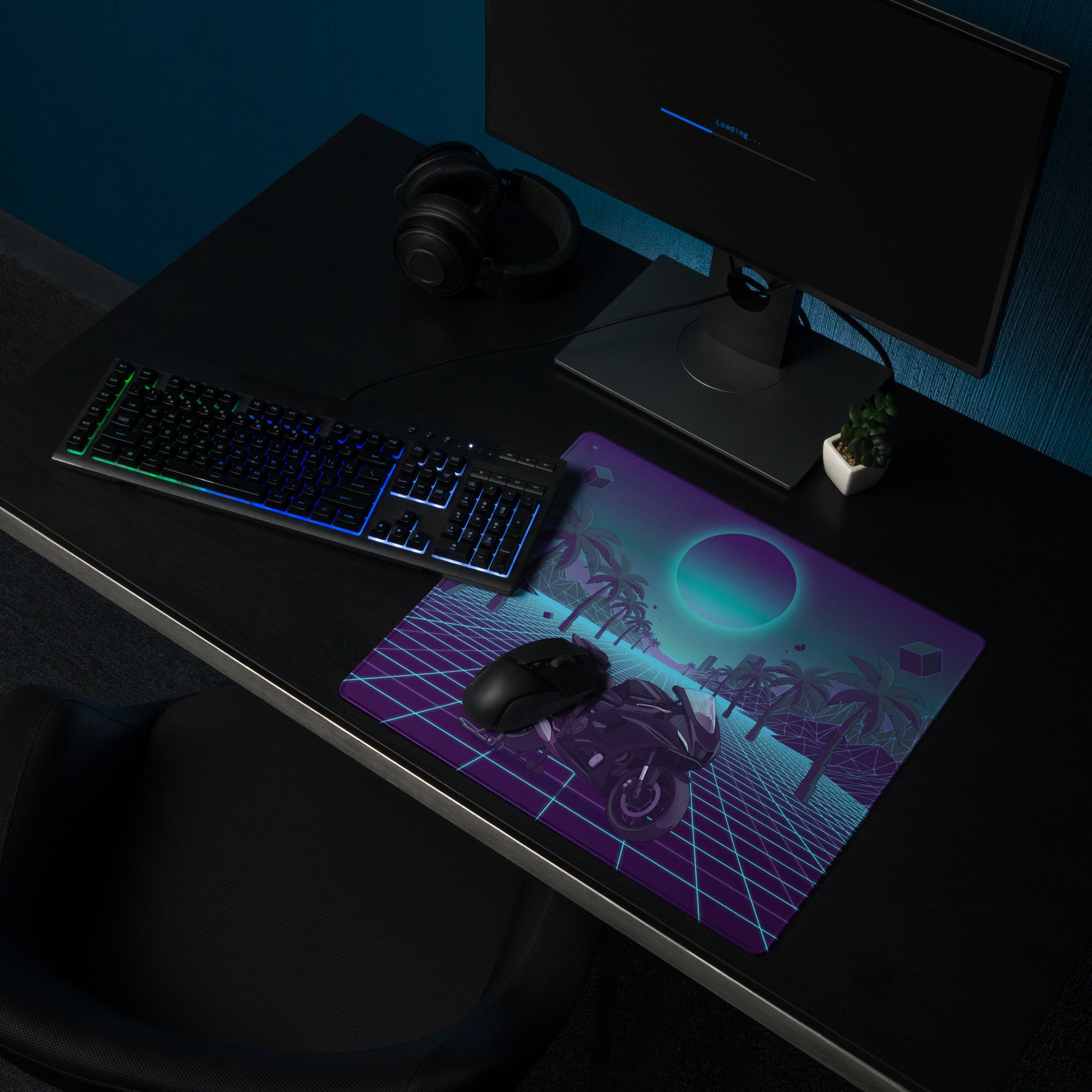 Yamaha R7 Inspired Black Cyan Vaporwave Gaming Mouse Pad – Neon Grid Palm City Desk Mat, Retro Futuristic Sport Bike Digital Art
