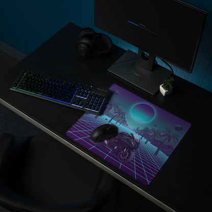 Yamaha R7 Inspired Black Cyan Vaporwave Gaming Mouse Pad – Neon Grid Palm City Desk Mat, Retro Futuristic Sport Bike Digital Art