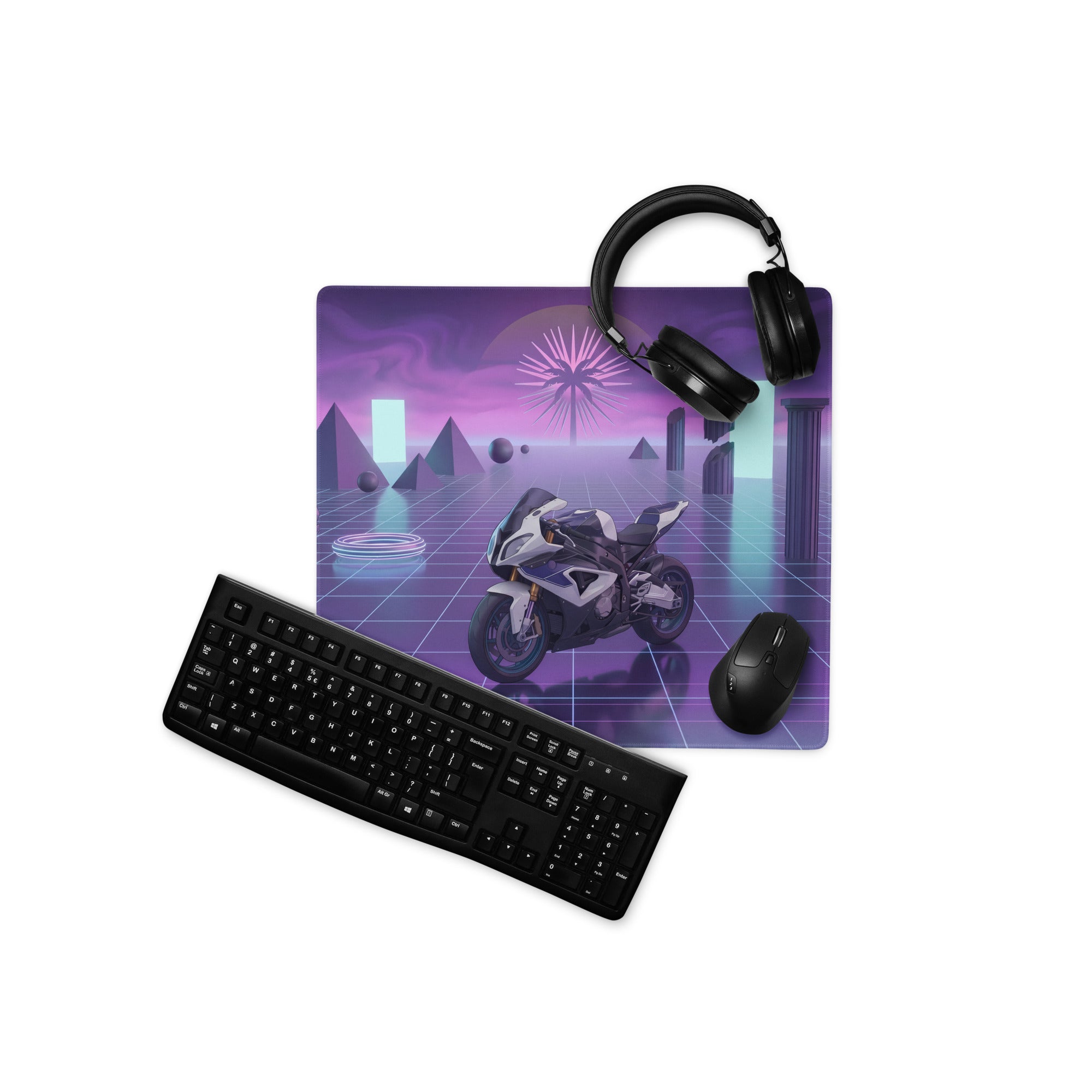 BMW S1000RR Inspired White Purple Vaporwave Gaming Mouse Pad – Neon Grid Dreamscape Desk Mat, Retro Futuristic Superbike Digital Art