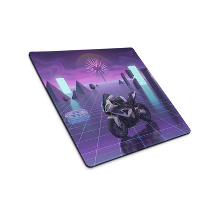 BMW S1000RR Inspired White Purple Vaporwave Gaming Mouse Pad – Neon Grid Dreamscape Desk Mat, Retro Futuristic Superbike Digital Art
