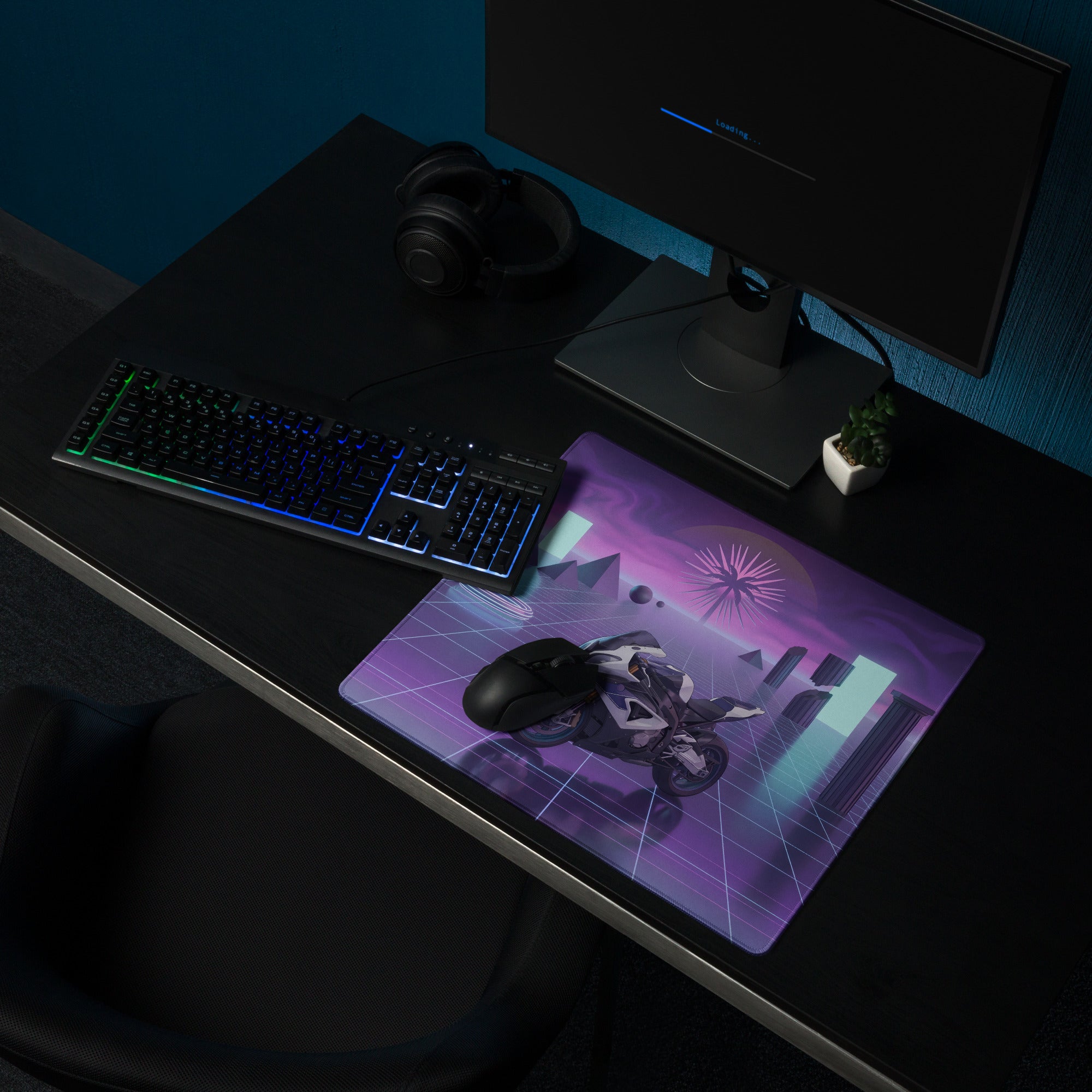 BMW S1000RR Inspired White Purple Vaporwave Gaming Mouse Pad – Neon Grid Dreamscape Desk Mat, Retro Futuristic Superbike Digital Art