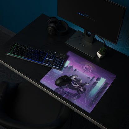 BMW S1000RR Inspired White Purple Vaporwave Gaming Mouse Pad – Neon Grid Dreamscape Desk Mat, Retro Futuristic Superbike Digital Art