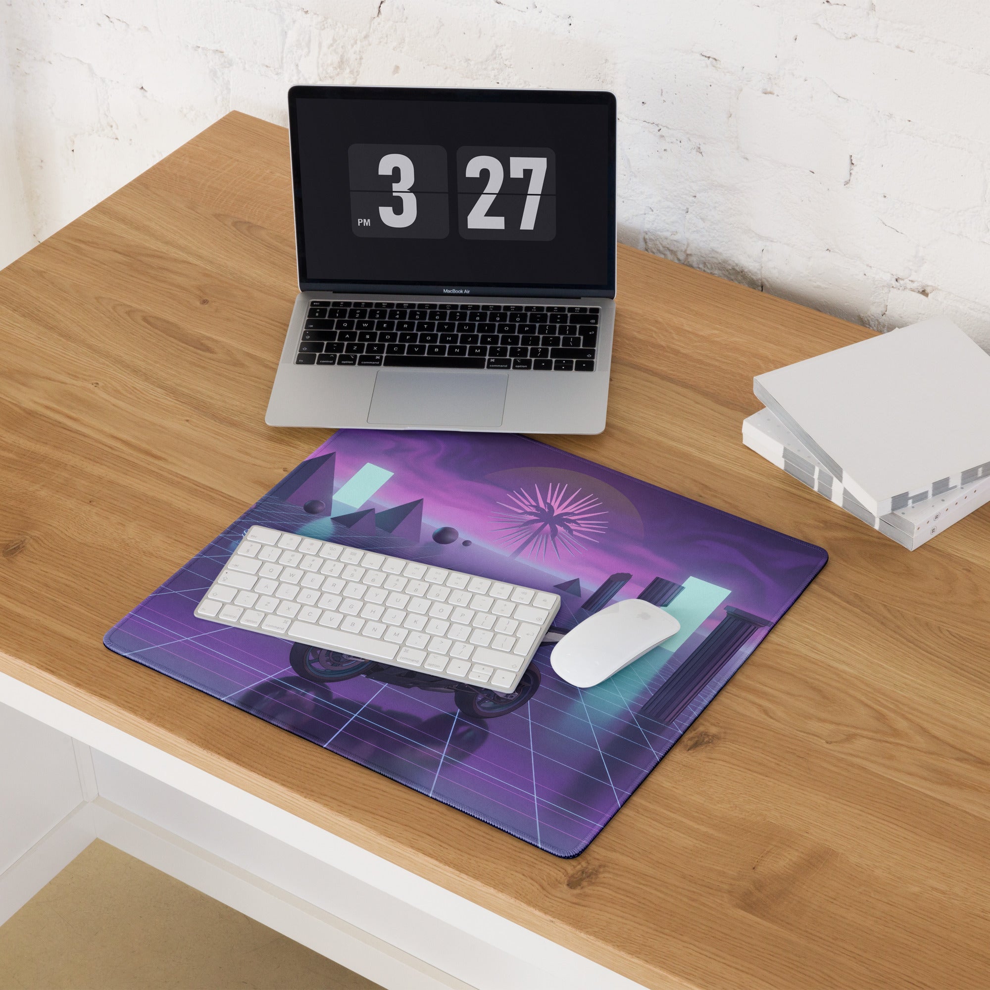 BMW S1000RR Inspired White Purple Vaporwave Gaming Mouse Pad – Neon Grid Dreamscape Desk Mat, Retro Futuristic Superbike Digital Art