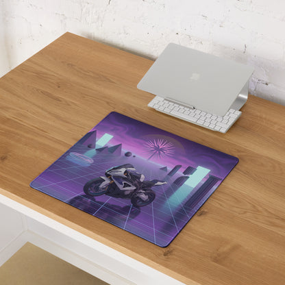 BMW S1000RR Inspired White Purple Vaporwave Gaming Mouse Pad – Neon Grid Dreamscape Desk Mat, Retro Futuristic Superbike Digital Art