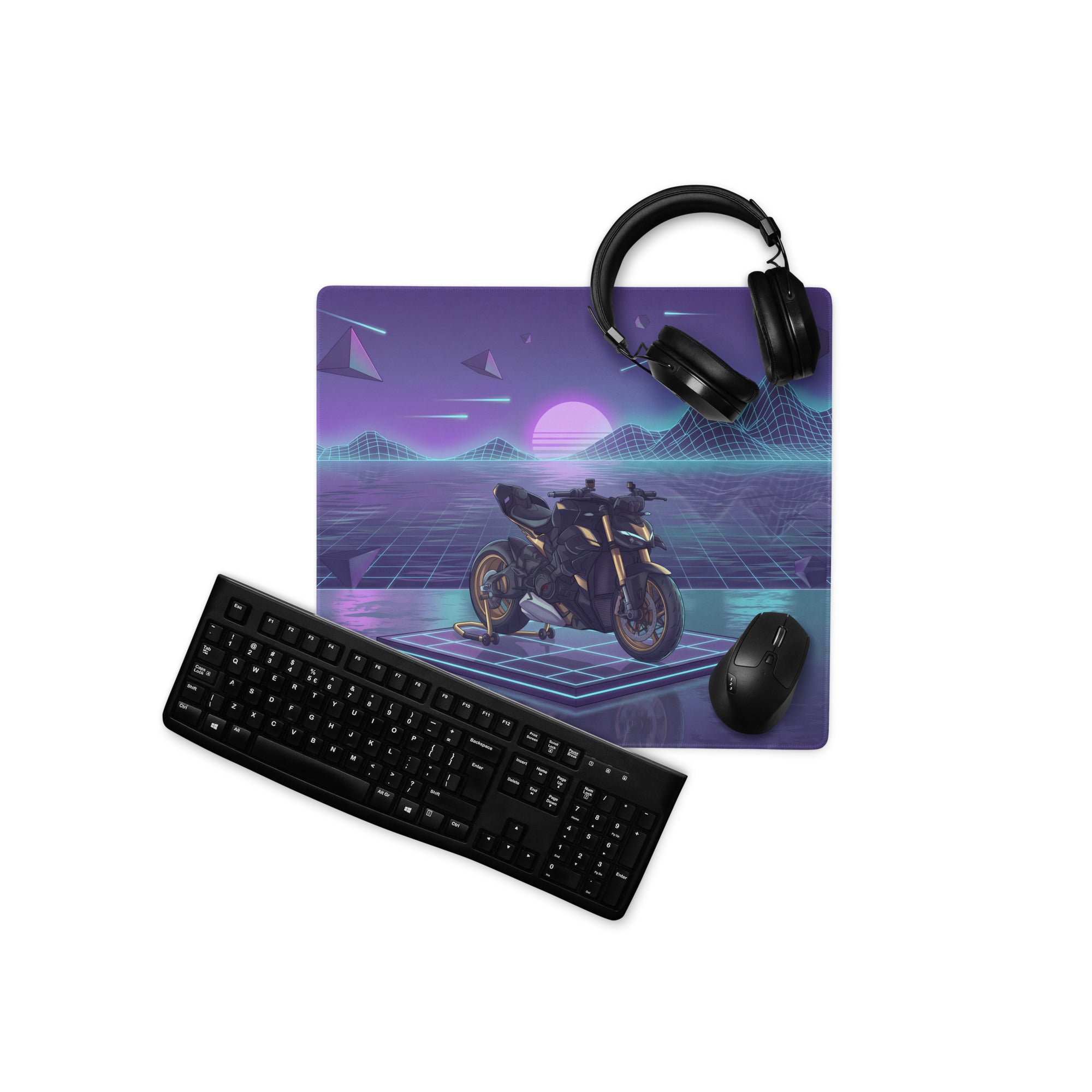 Ducati Streetfighter V4S Inspired White Purple Vaporwave Gaming Mouse Pad – Neon Grid Dreamscape Desk Mat, Retro Futuristic Superbike Digital Art