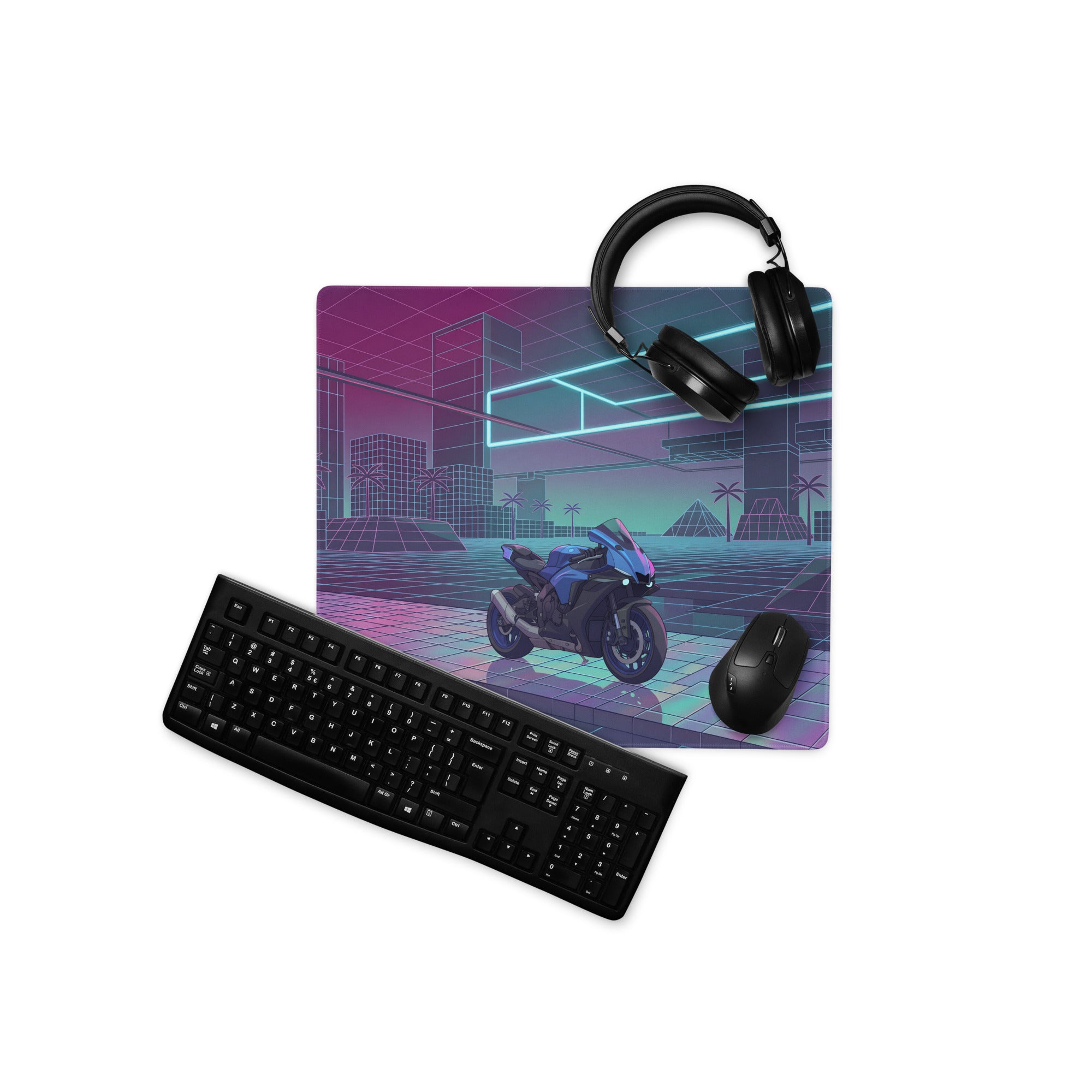 Yamaha R1 Inspired Blue Purple Vaporwave Gaming Mouse Pad – Neon Cyber City Grid Desk Mat, Retro Futuristic Superbike Digital Art