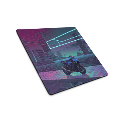 Yamaha R1 Inspired Blue Purple Vaporwave Gaming Mouse Pad – Neon Cyber City Grid Desk Mat, Retro Futuristic Superbike Digital Art