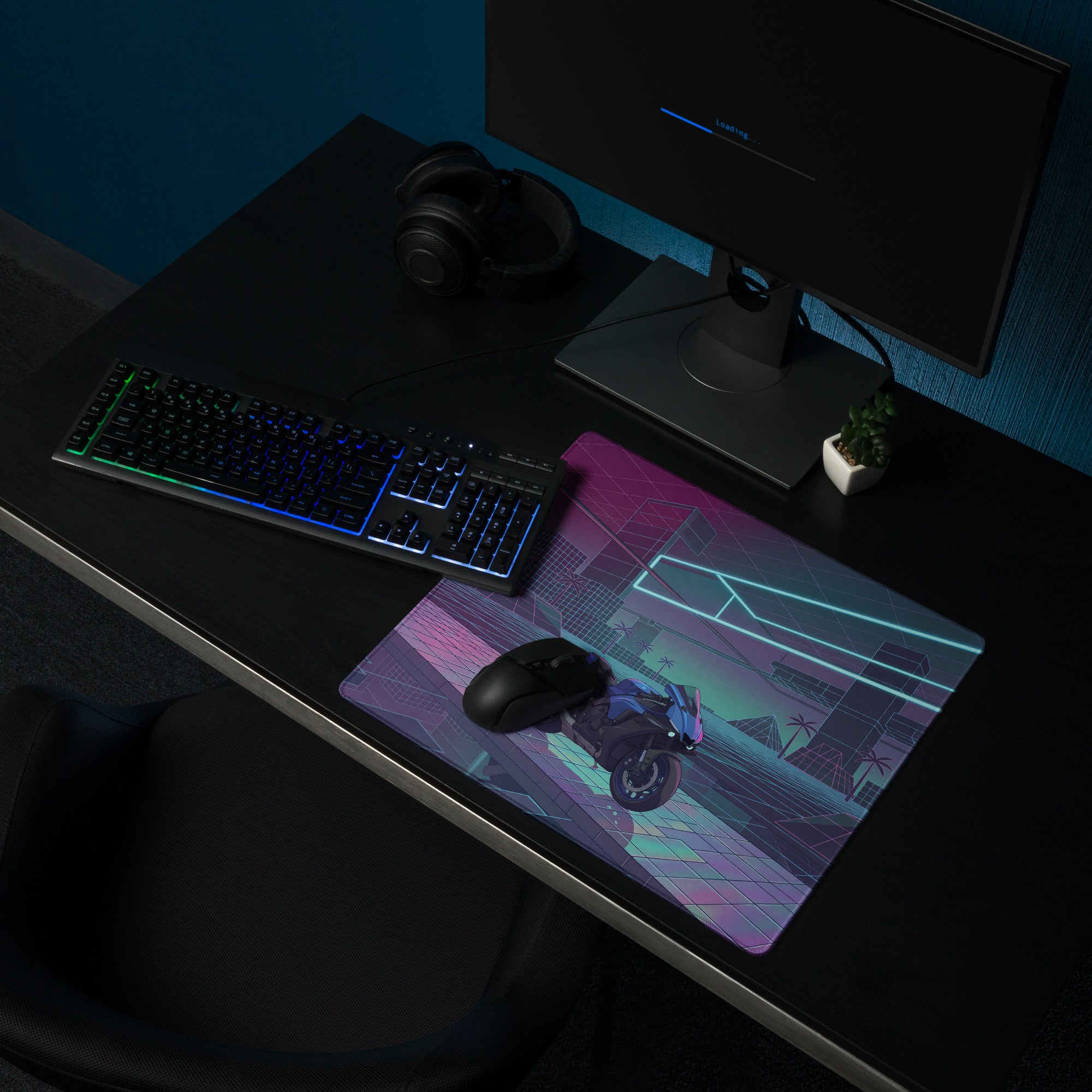 Yamaha R1 Inspired Blue Purple Vaporwave Gaming Mouse Pad – Neon Cyber City Grid Desk Mat, Retro Futuristic Superbike Digital Art