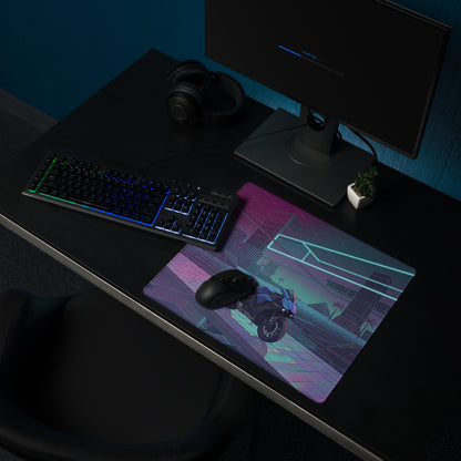 Yamaha R1 Inspired Blue Purple Vaporwave Gaming Mouse Pad – Neon Cyber City Grid Desk Mat, Retro Futuristic Superbike Digital Art
