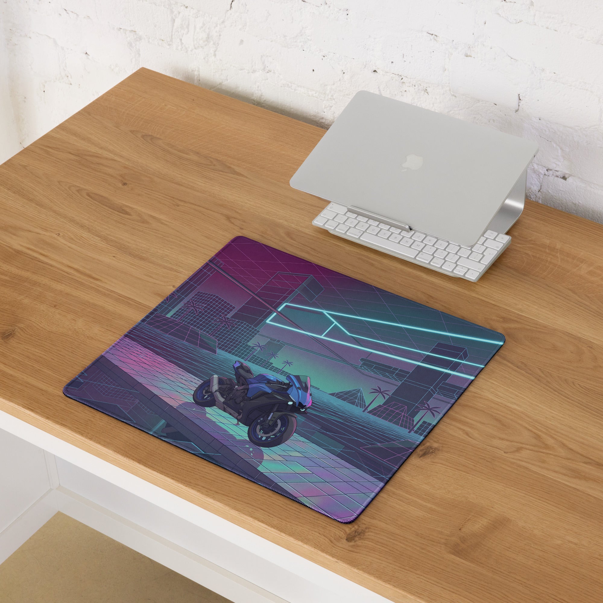 Yamaha R1 Inspired Blue Purple Vaporwave Gaming Mouse Pad – Neon Cyber City Grid Desk Mat, Retro Futuristic Superbike Digital Art