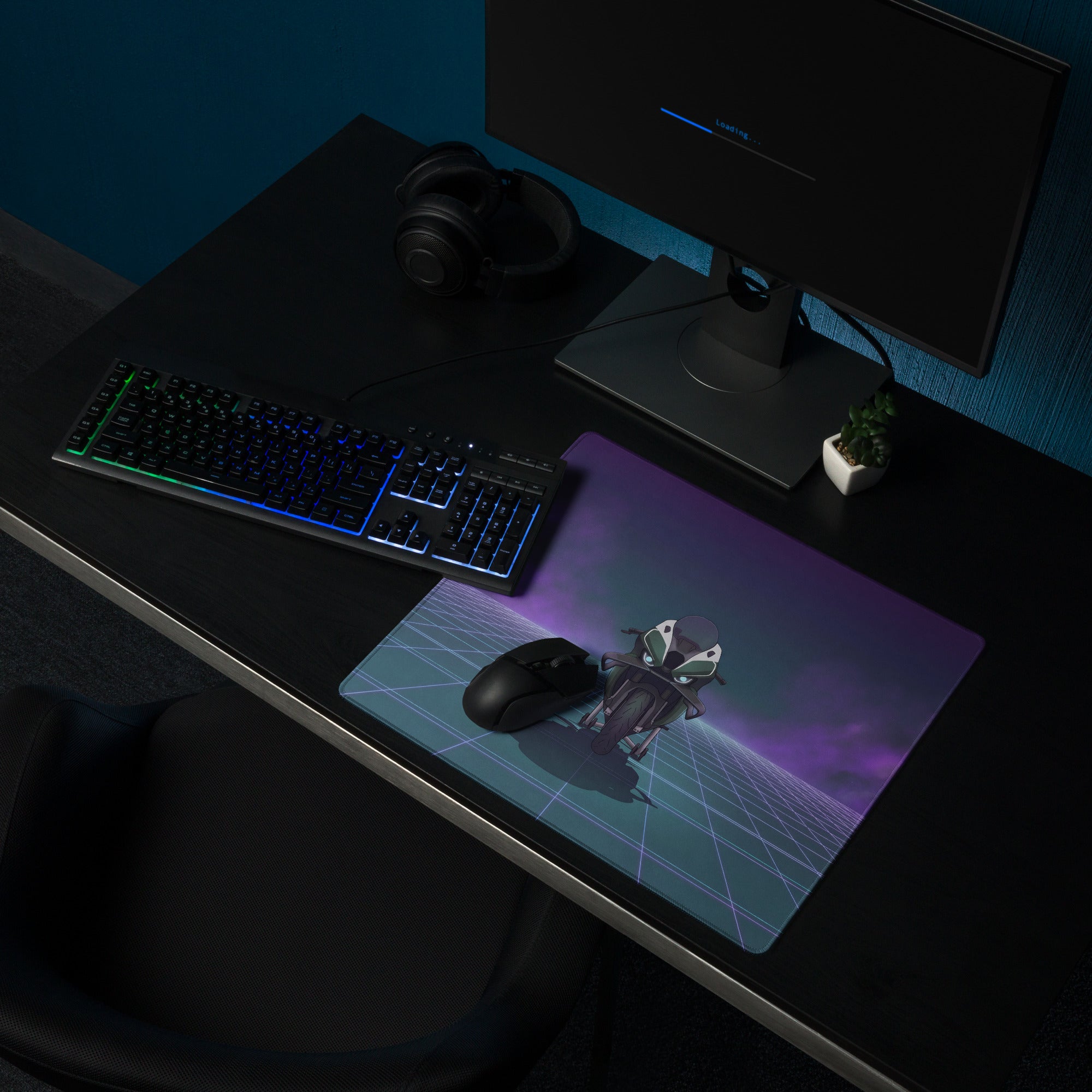 BMW M1000RR Inspired Green Purple Vaporwave Gaming Mouse Pad – Neon Grid Desk Mat, Moody Retro Futuristic Sportbike Digital Art