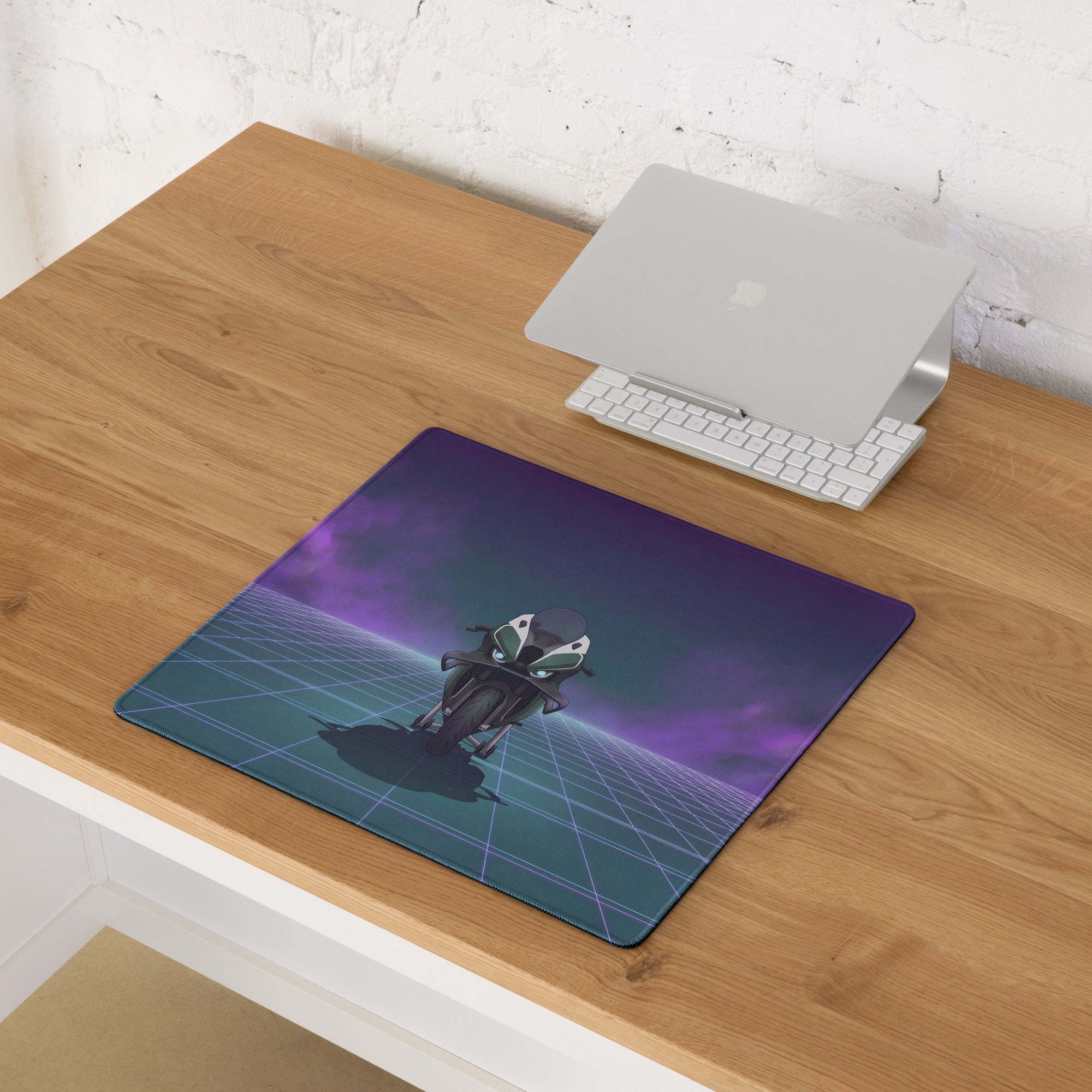 BMW M1000RR Inspired Green Purple Vaporwave Gaming Mouse Pad – Neon Grid Desk Mat, Moody Retro Futuristic Sportbike Digital Art