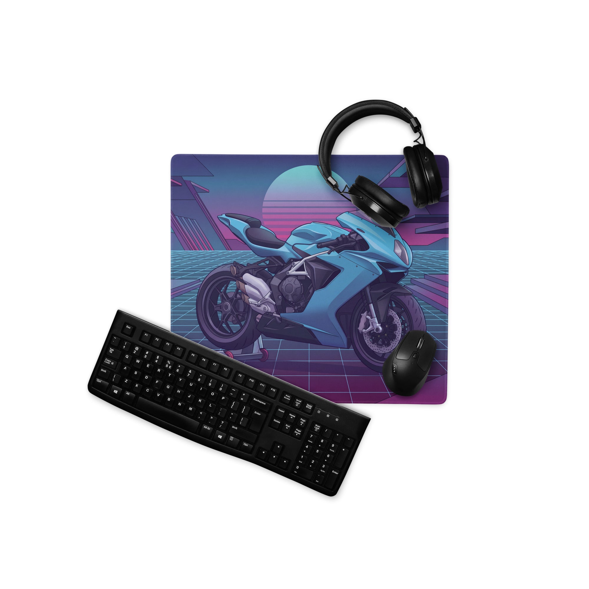 MV Agusta F3 Inspired Cyan Purple Vaporwave Gaming Mouse Pad – Neon Grid Sunset Desk Mat, Retro Futuristic Sportbike Digital Art