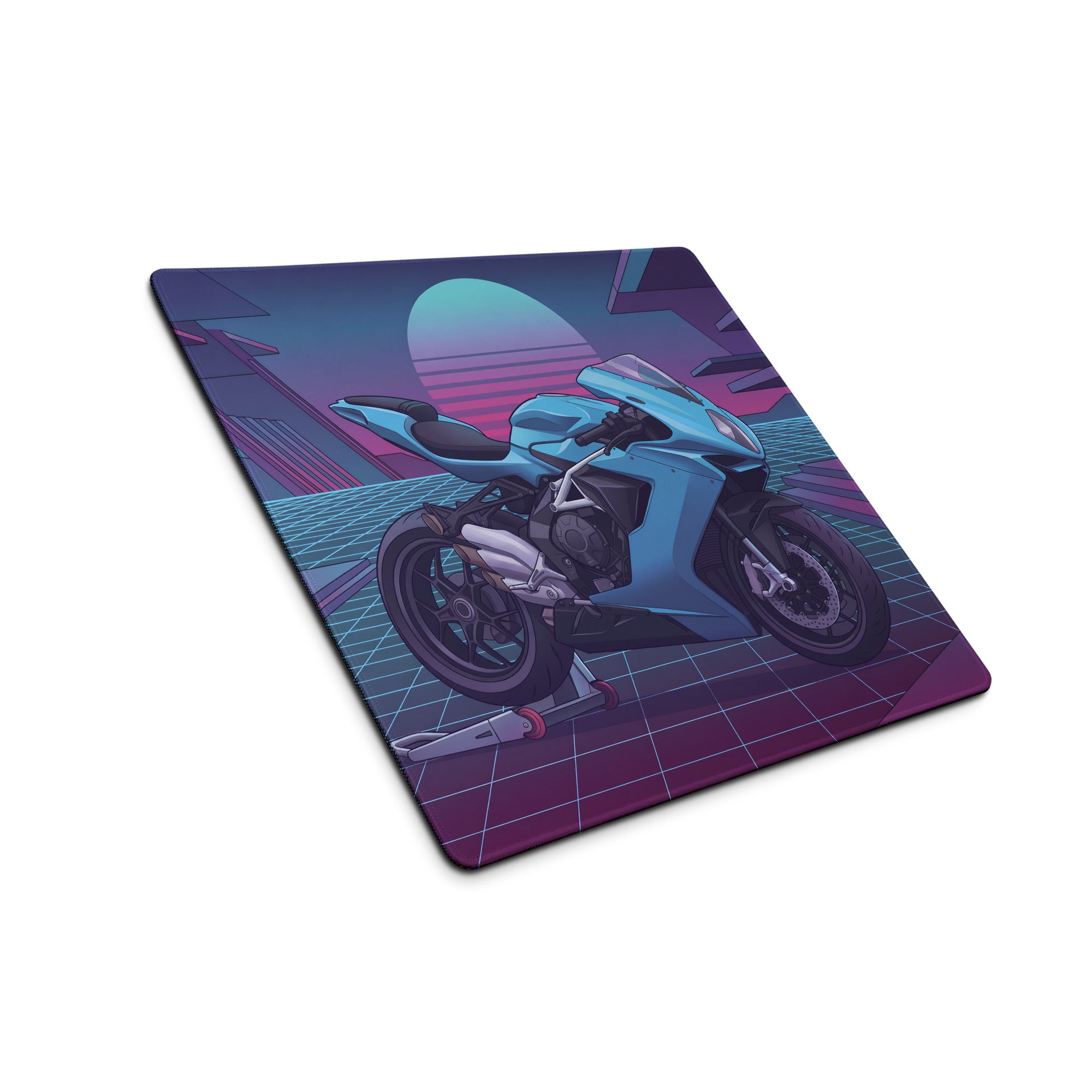 MV Agusta F3 Inspired Cyan Purple Vaporwave Gaming Mouse Pad – Neon Grid Sunset Desk Mat, Retro Futuristic Sportbike Digital Art