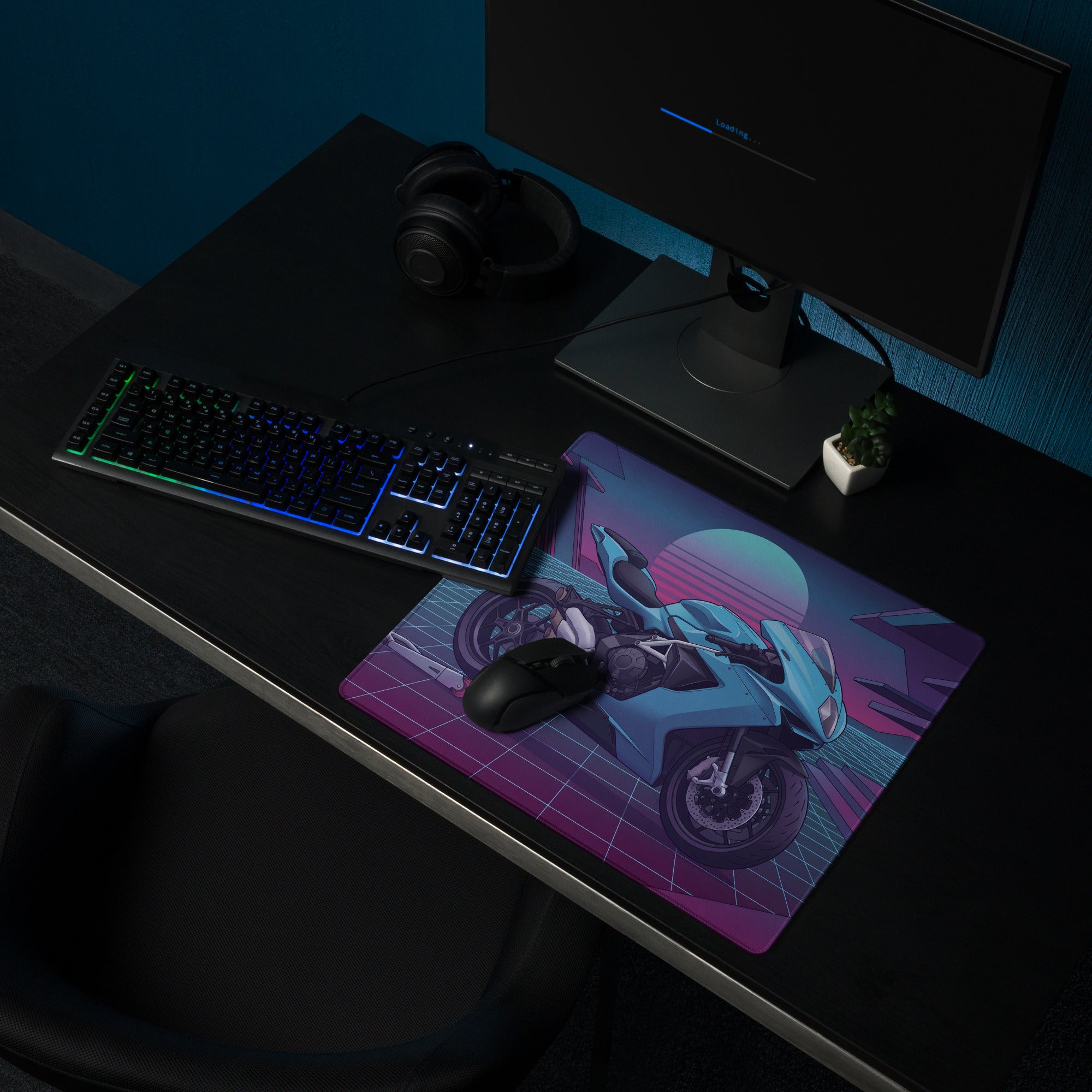 MV Agusta F3 Inspired Cyan Purple Vaporwave Gaming Mouse Pad – Neon Grid Sunset Desk Mat, Retro Futuristic Sportbike Digital Art