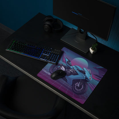 MV Agusta F3 Inspired Cyan Purple Vaporwave Gaming Mouse Pad – Neon Grid Sunset Desk Mat, Retro Futuristic Sportbike Digital Art