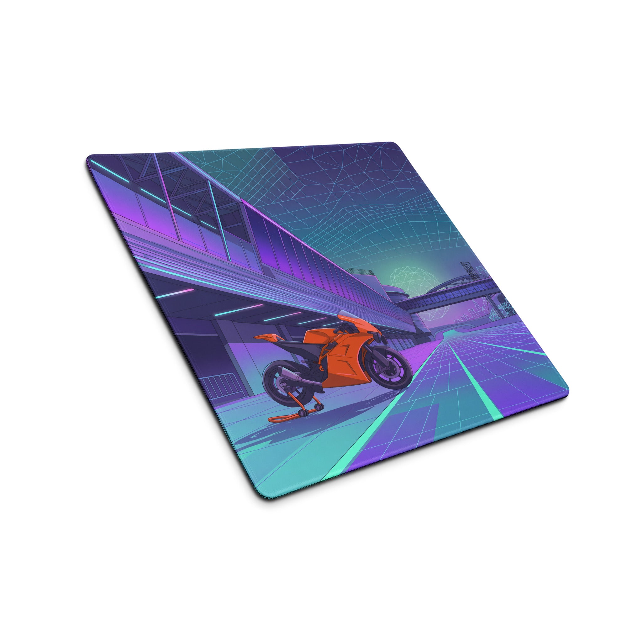 KTM RC 8C Inspired Orange Purple Vaporwave Gaming Mouse Pad – Neon Cyber City Desk Mat, Retro Futuristic Sportbike Digital Art