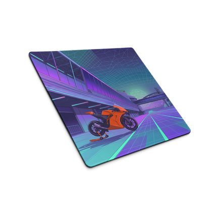 KTM RC 8C Inspired Orange Purple Vaporwave Gaming Mouse Pad – Neon Cyber City Desk Mat, Retro Futuristic Sportbike Digital Art