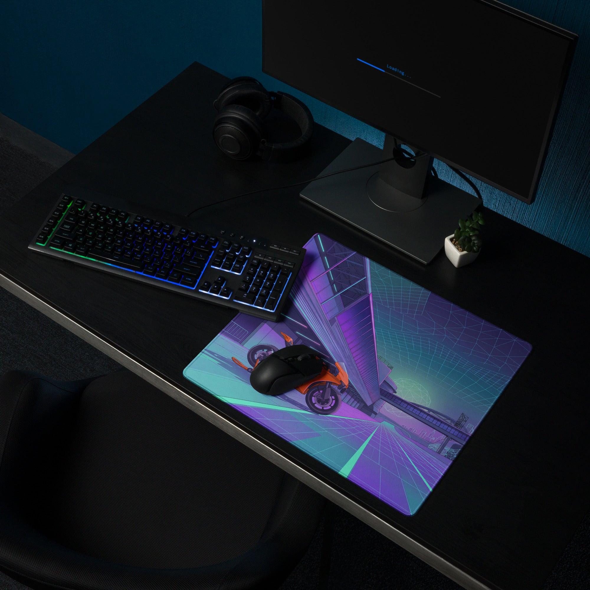 KTM RC 8C Inspired Orange Purple Vaporwave Gaming Mouse Pad – Neon Cyber City Desk Mat, Retro Futuristic Sportbike Digital Art