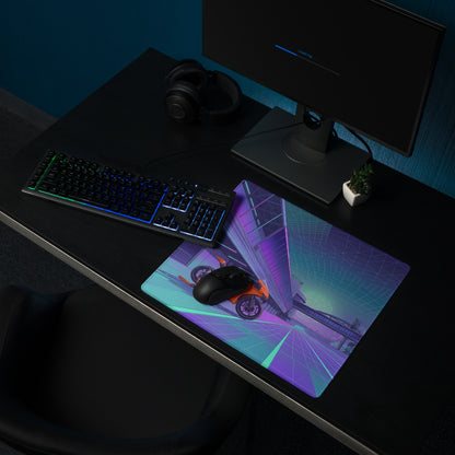 KTM RC 8C Inspired Orange Purple Vaporwave Gaming Mouse Pad – Neon Cyber City Desk Mat, Retro Futuristic Sportbike Digital Art