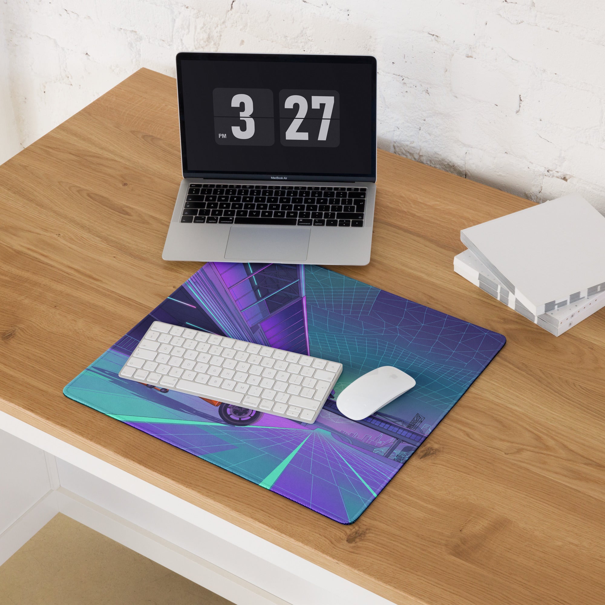 KTM RC 8C Inspired Orange Purple Vaporwave Gaming Mouse Pad – Neon Cyber City Desk Mat, Retro Futuristic Sportbike Digital Art