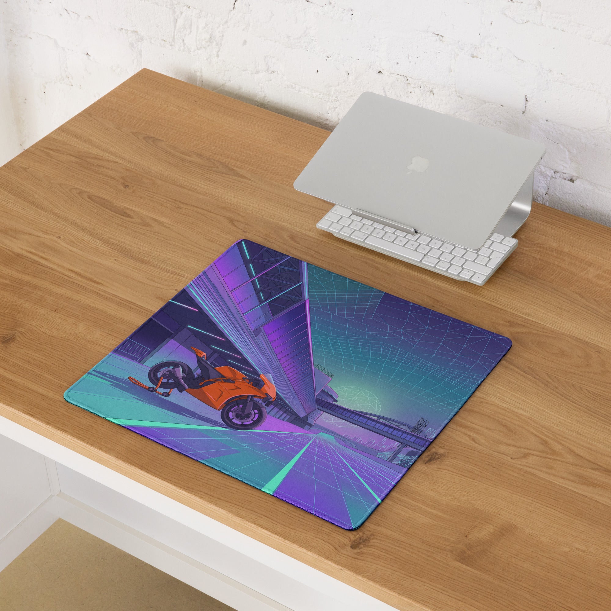 KTM RC 8C Inspired Orange Purple Vaporwave Gaming Mouse Pad – Neon Cyber City Desk Mat, Retro Futuristic Sportbike Digital Art