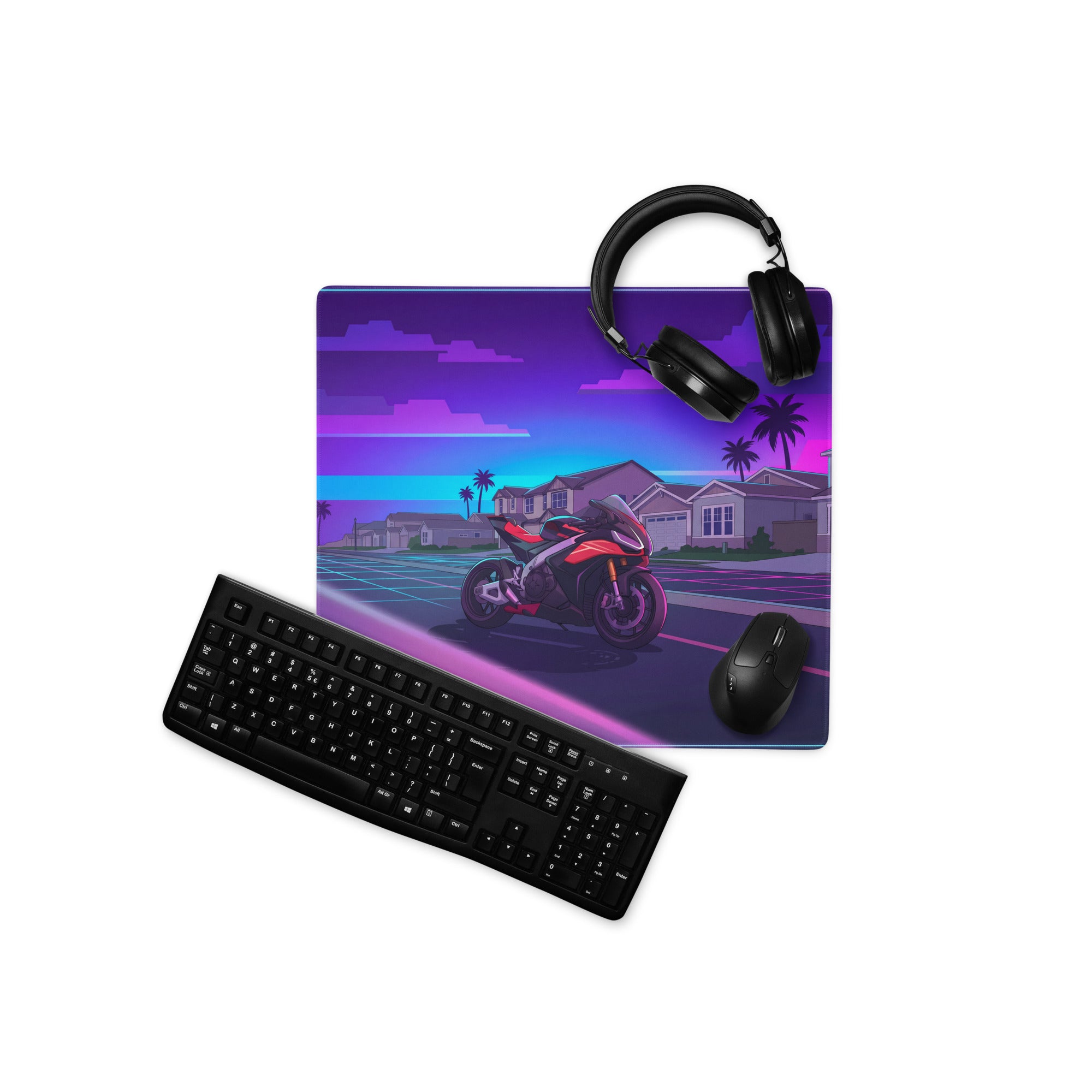 Aprilia RSV4 1100 Factory Inspired Red Purple Vaporwave Gaming Mouse Pad – Neon Suburban Street Desk Mat, Retro Futuristic Sportbike Digital Art