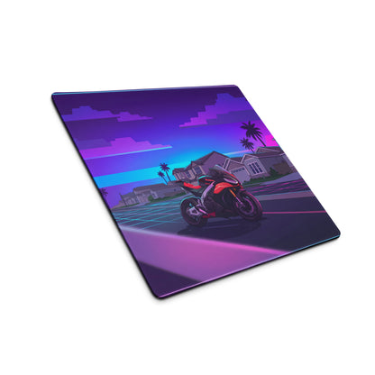 Aprilia RSV4 1100 Factory Inspired Red Purple Vaporwave Gaming Mouse Pad – Neon Suburban Street Desk Mat, Retro Futuristic Sportbike Digital Art