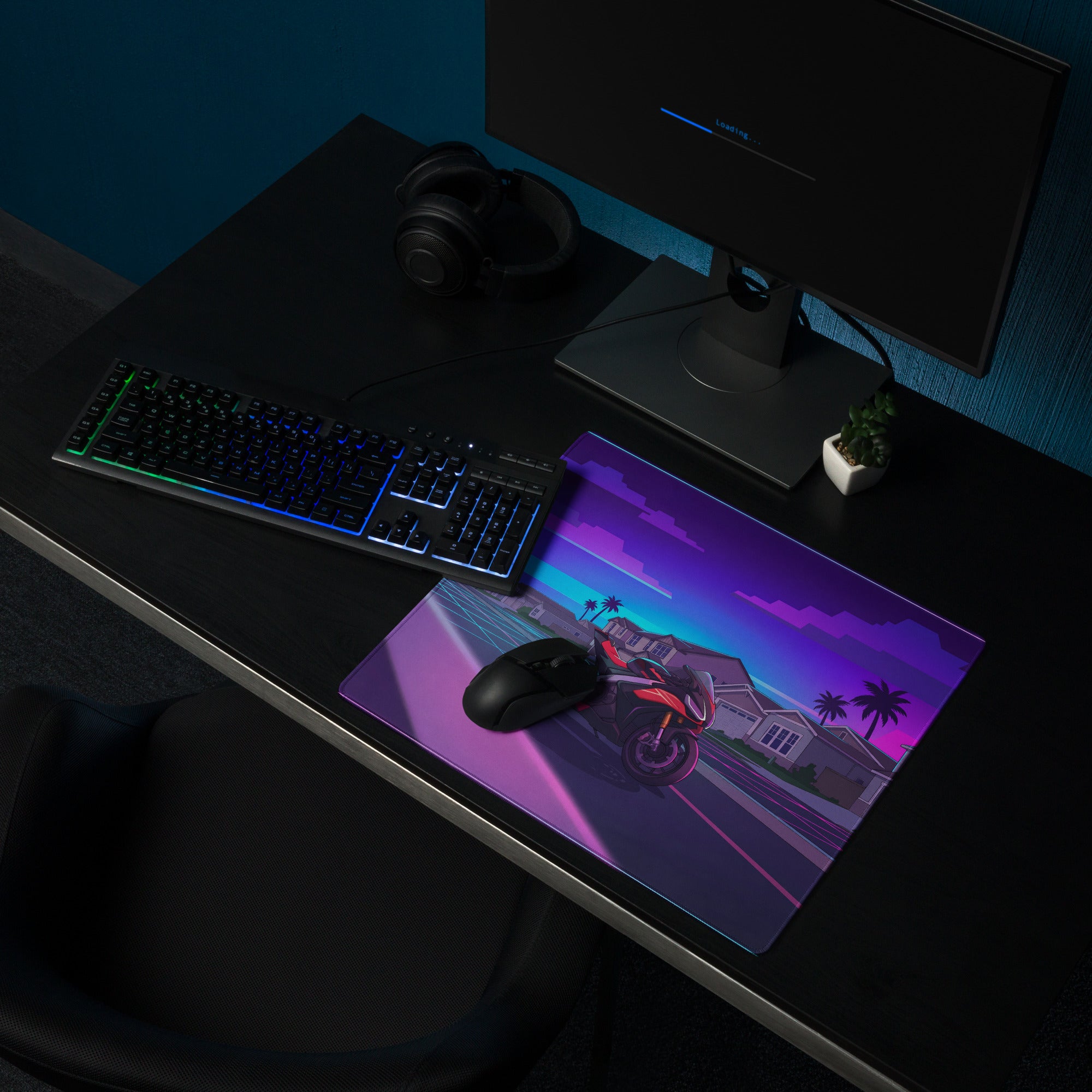 Aprilia RSV4 1100 Factory Inspired Red Purple Vaporwave Gaming Mouse Pad – Neon Suburban Street Desk Mat, Retro Futuristic Sportbike Digital Art