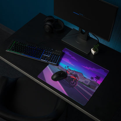 Aprilia RSV4 1100 Factory Inspired Red Purple Vaporwave Gaming Mouse Pad – Neon Suburban Street Desk Mat, Retro Futuristic Sportbike Digital Art