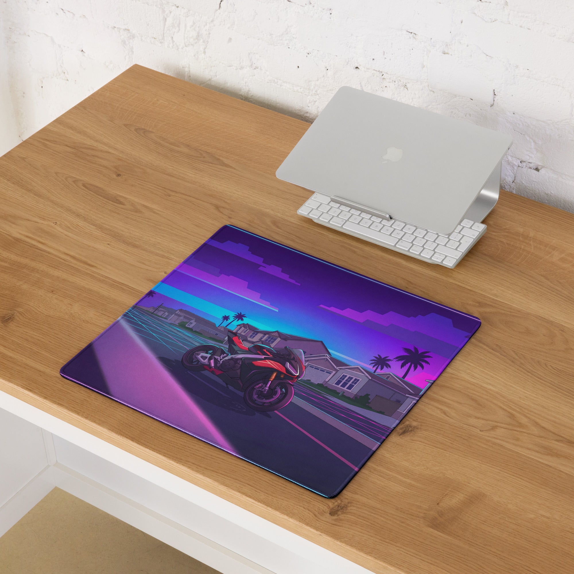 Aprilia RSV4 1100 Factory Inspired Red Purple Vaporwave Gaming Mouse Pad – Neon Suburban Street Desk Mat, Retro Futuristic Sportbike Digital Art