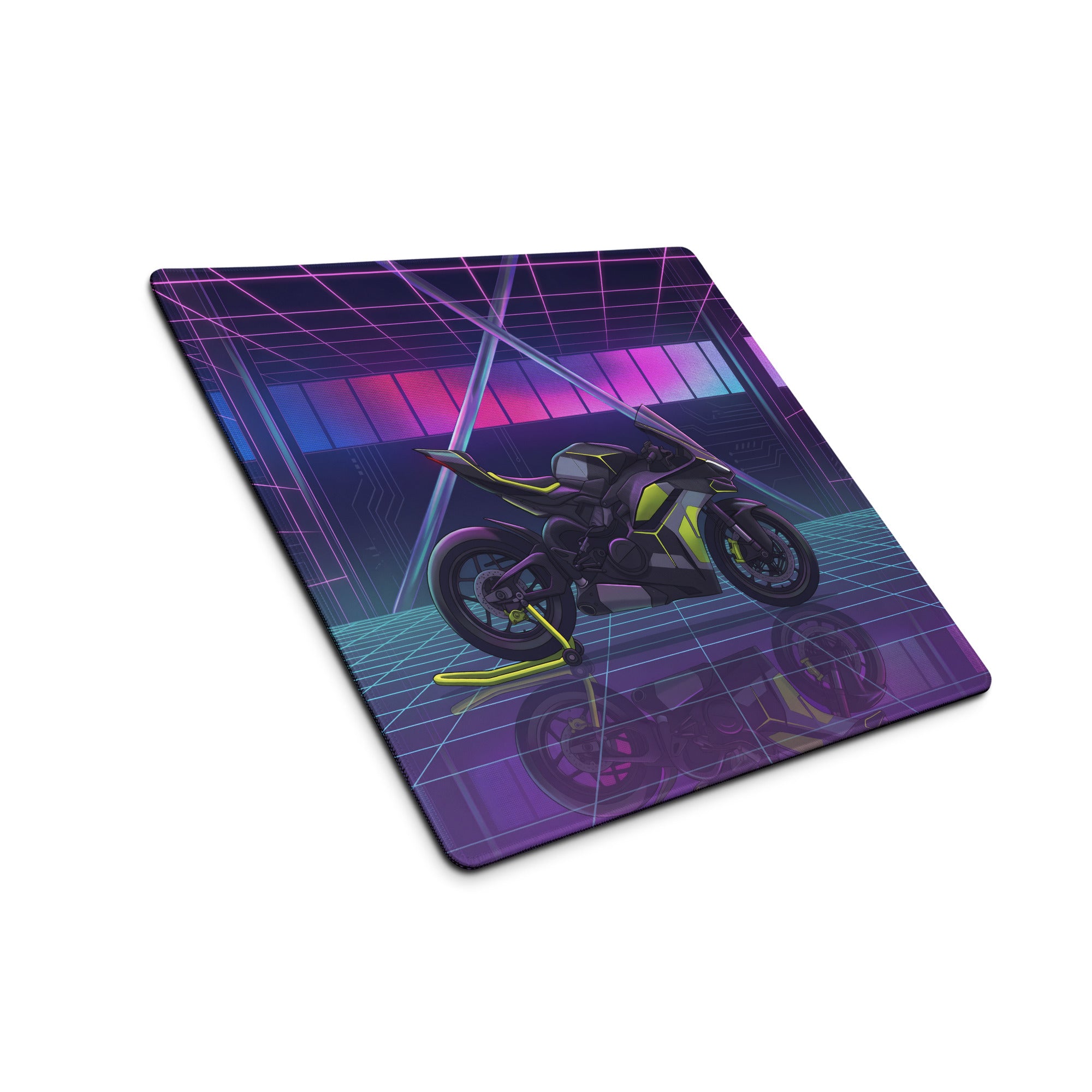 Ducati Panigale V4 Inspired Black Lime Vaporwave Gaming Mouse Pad – Neon Cyber Grid Desk Mat, Futuristic Synthwave Sportbike Digital Art
