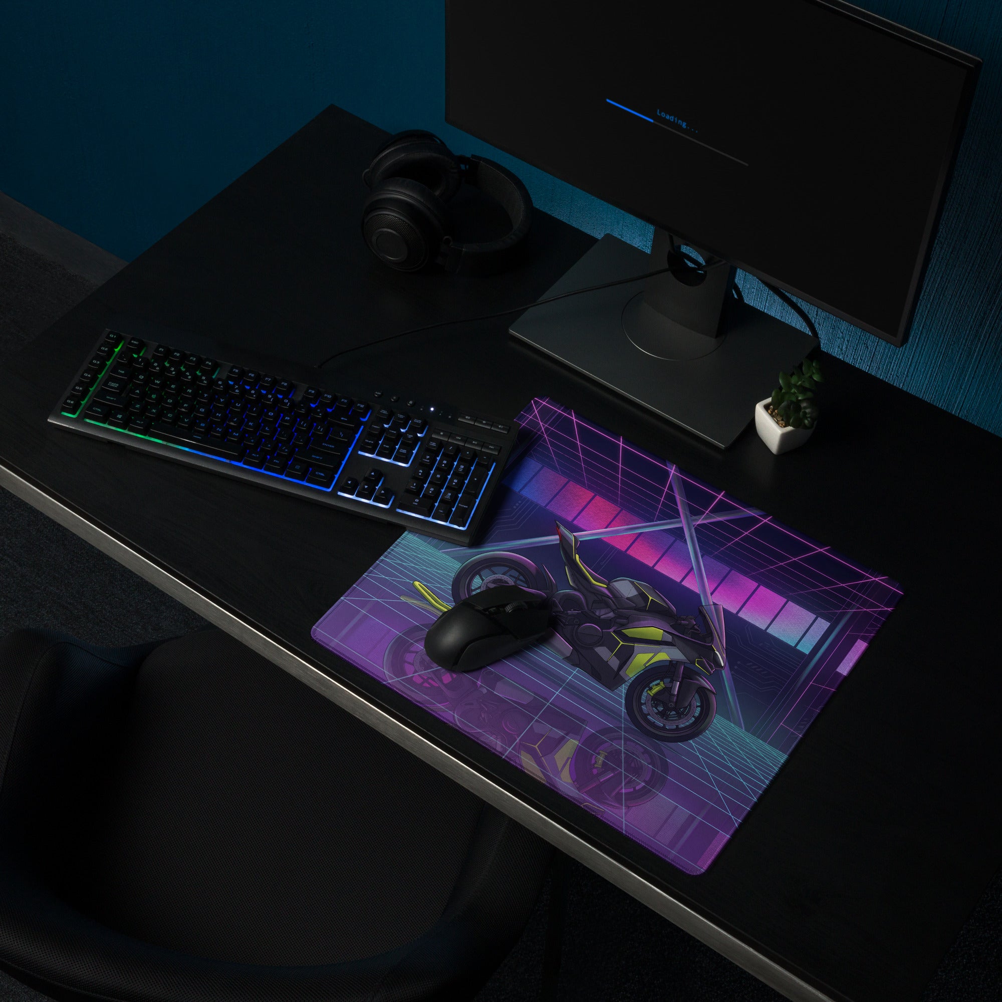 Ducati Panigale V4 Inspired Black Lime Vaporwave Gaming Mouse Pad – Neon Cyber Grid Desk Mat, Futuristic Synthwave Sportbike Digital Art