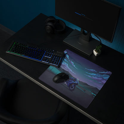 Yamaha YZF-R6 Inspired Blue Purple Vaporwave Gaming Mouse Pad – Moody Mountain Racetrack Desk Mat, Retro Futuristic Sportbike Digital Art