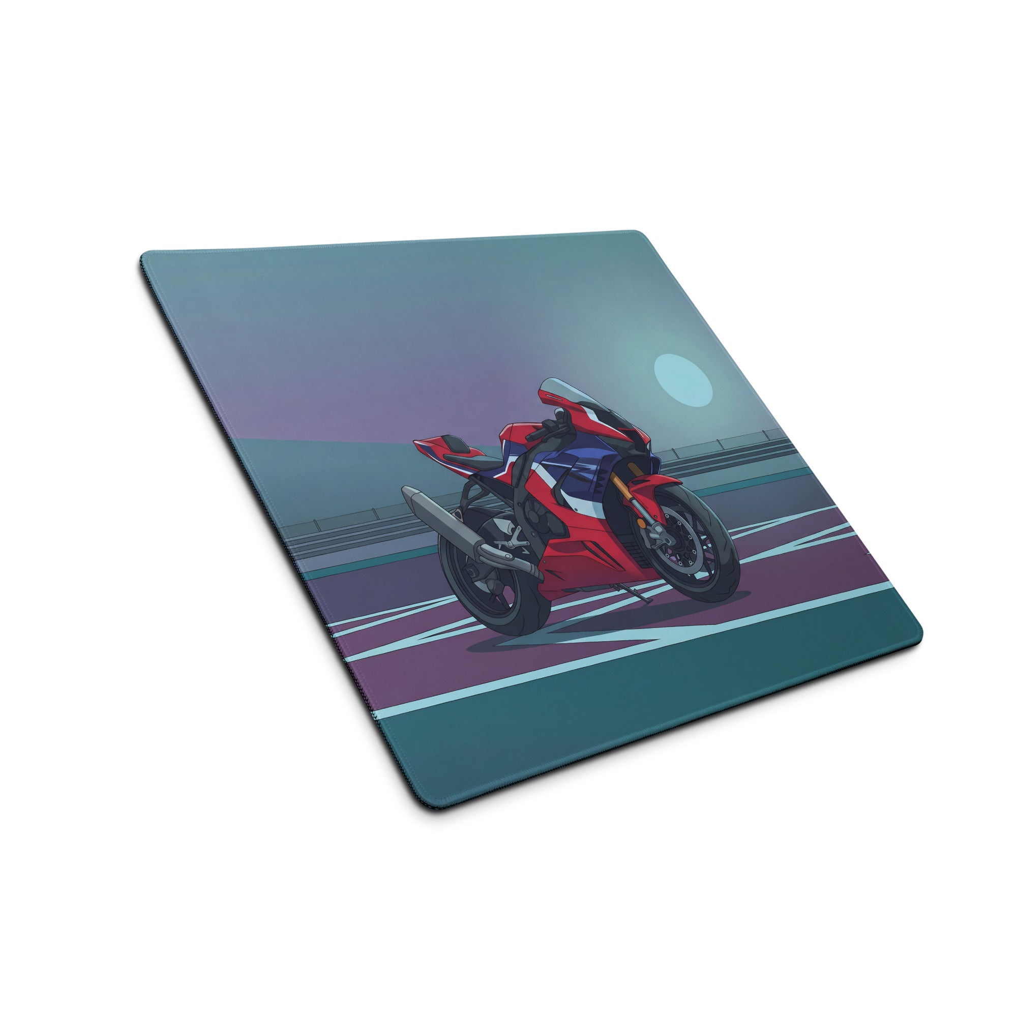 Honda CBR1000RR-R Fireblade Inspired Red Blue Vaporwave Gaming Mouse Pad – Moonlit Racetrack Desk Mat, Moody Retro Futuristic Sportbike Digital Art