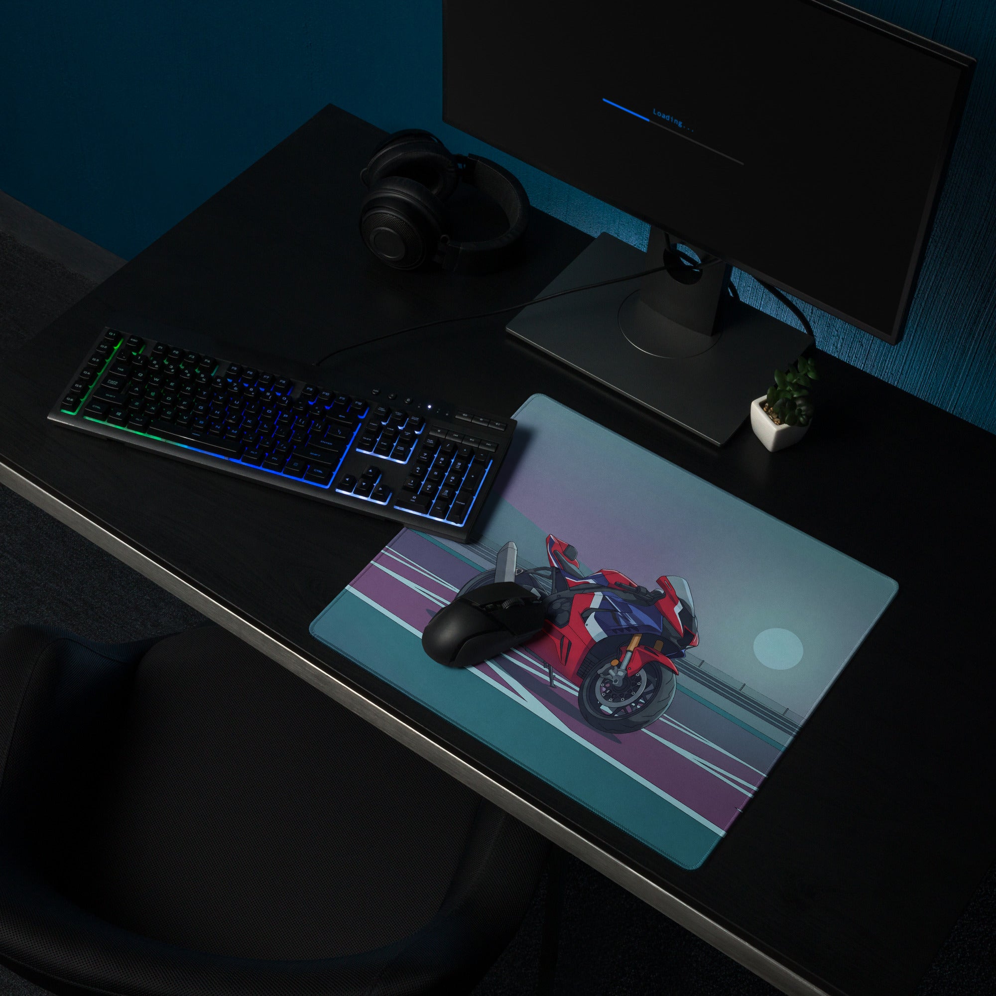 Honda CBR1000RR-R Fireblade Inspired Red Blue Vaporwave Gaming Mouse Pad – Moonlit Racetrack Desk Mat, Moody Retro Futuristic Sportbike Digital Art