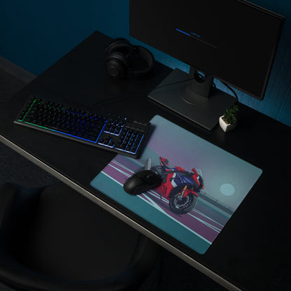 Honda CBR1000RR-R Fireblade Inspired Red Blue Vaporwave Gaming Mouse Pad – Moonlit Racetrack Desk Mat, Moody Retro Futuristic Sportbike Digital Art