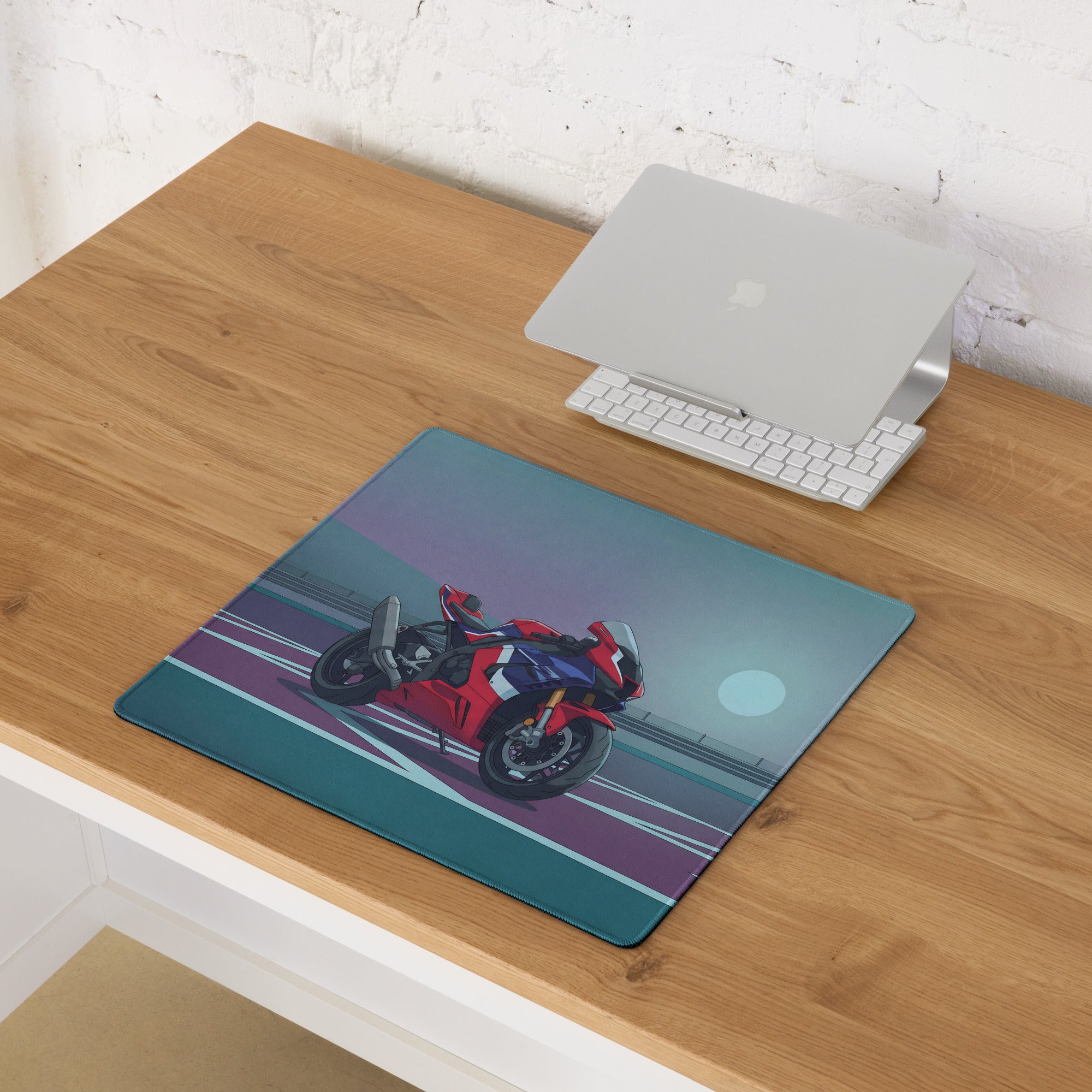 Honda CBR1000RR-R Fireblade Inspired Red Blue Vaporwave Gaming Mouse Pad – Moonlit Racetrack Desk Mat, Moody Retro Futuristic Sportbike Digital Art