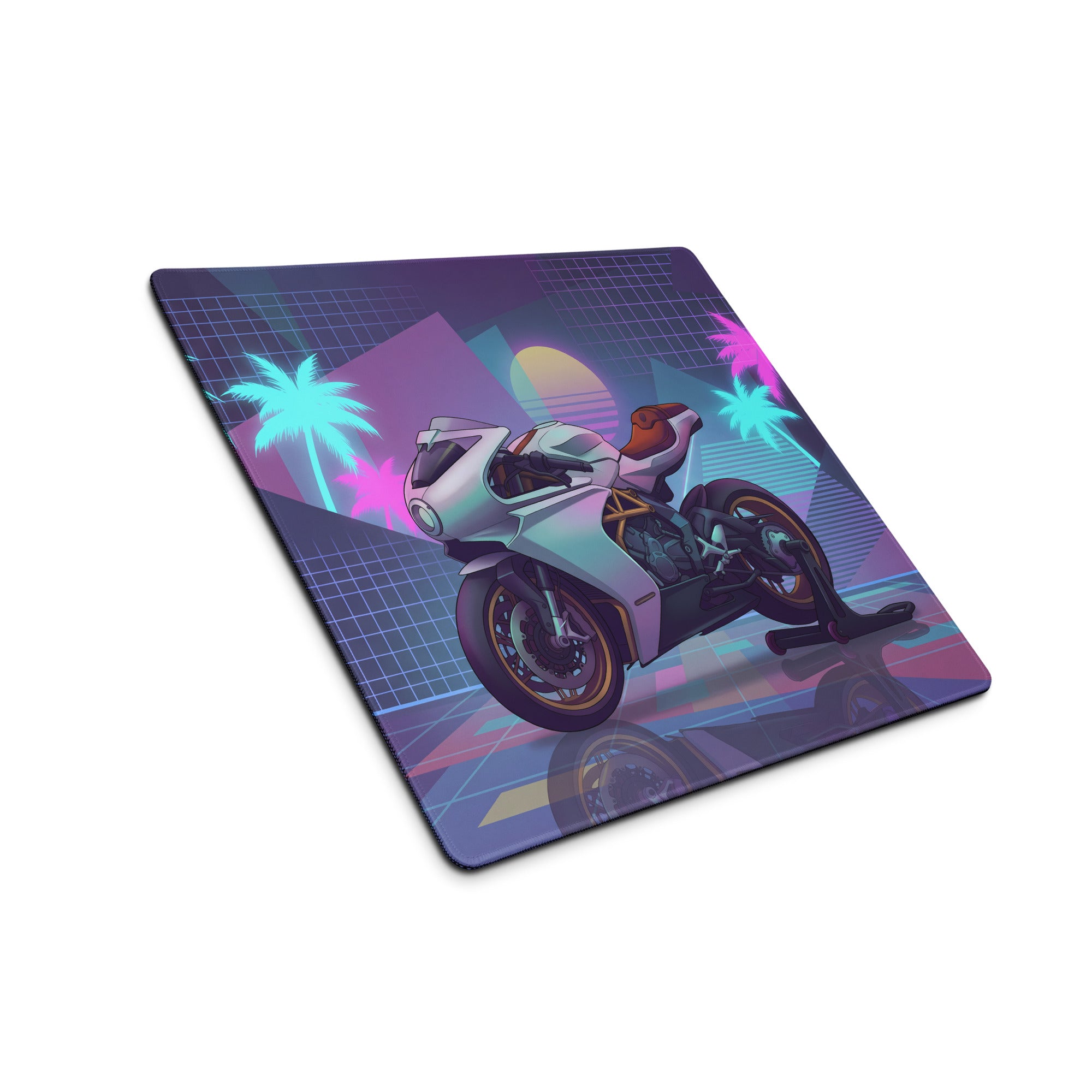 MV Agusta Superveloce 800 Inspired White Gold Vaporwave Gaming Mouse Pad – Neon Palm Sunset Desk Mat, Retro Futuristic Café Racer Digital Art