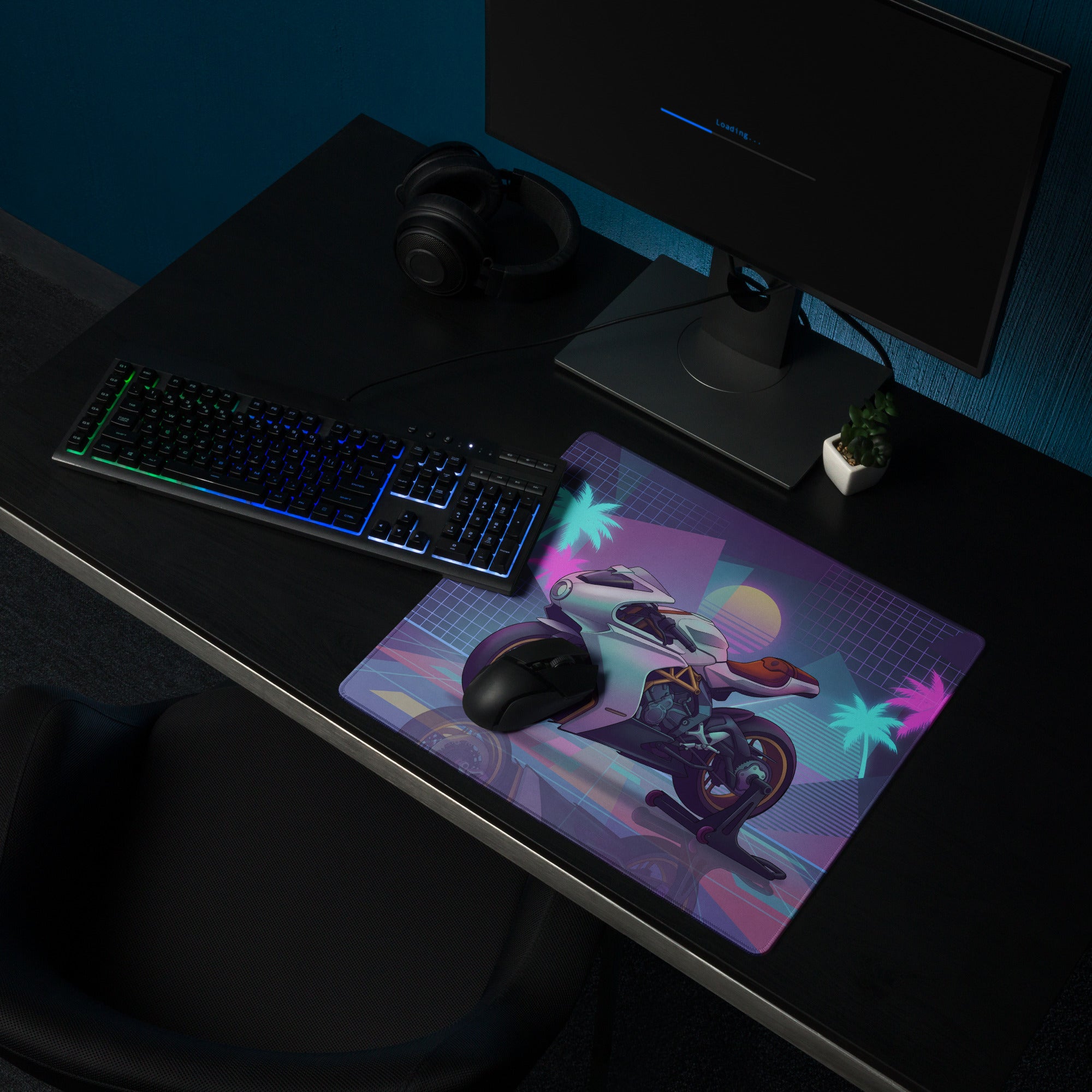 MV Agusta Superveloce 800 Inspired White Gold Vaporwave Gaming Mouse Pad – Neon Palm Sunset Desk Mat, Retro Futuristic Café Racer Digital Art