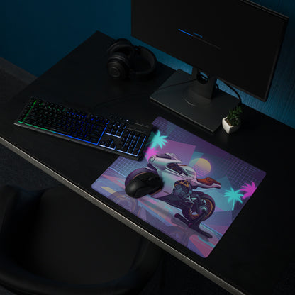 MV Agusta Superveloce 800 Inspired White Gold Vaporwave Gaming Mouse Pad – Neon Palm Sunset Desk Mat, Retro Futuristic Café Racer Digital Art