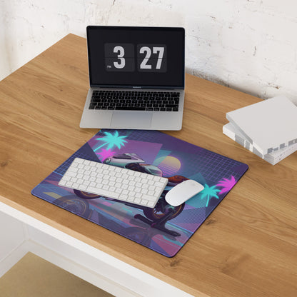 MV Agusta Superveloce 800 Inspired White Gold Vaporwave Gaming Mouse Pad – Neon Palm Sunset Desk Mat, Retro Futuristic Café Racer Digital Art